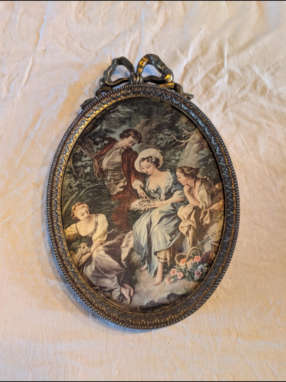 2/80$ Framed Oval Romantic Pastoral Print in brass Ornate Frame - Blue & Cream